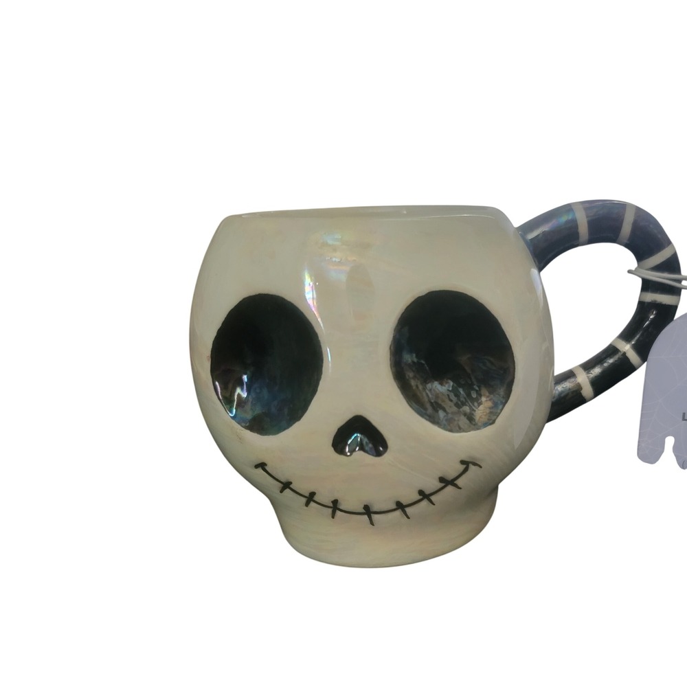 JMLE Luster Mug Skull 18oz White Iridescent New Jack Skellington Style Stripe